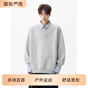 日系假两件POLO衫男冬季学院风翻领卫衣内搭帅气打底上衣灰色黑色