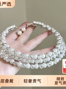 法式vintage三层仿珍珠项链耳环套装轻奢贵气choke晚宴配礼服配饰