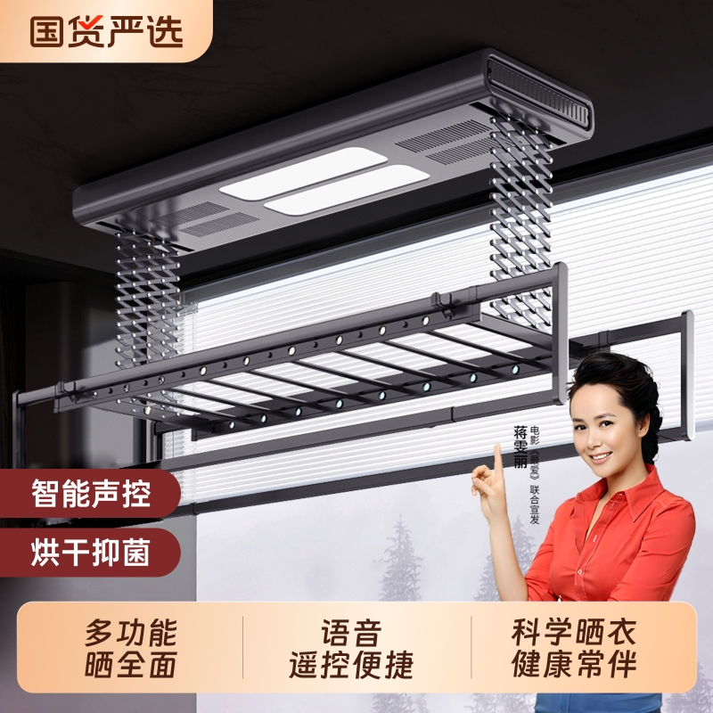 电动双灯晾衣架遥控语音智能家居阳台烘干排升降晒衣架固定式承重