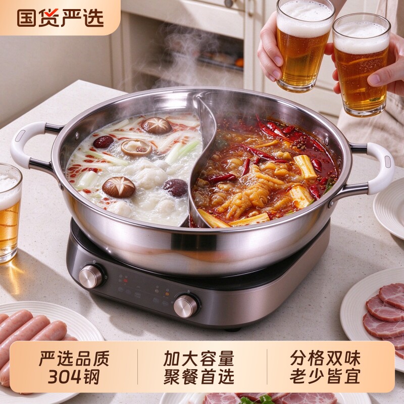 304不锈钢鸳鸯锅火锅盆家用电磁炉专用工艺清汤火锅大容量不粘底