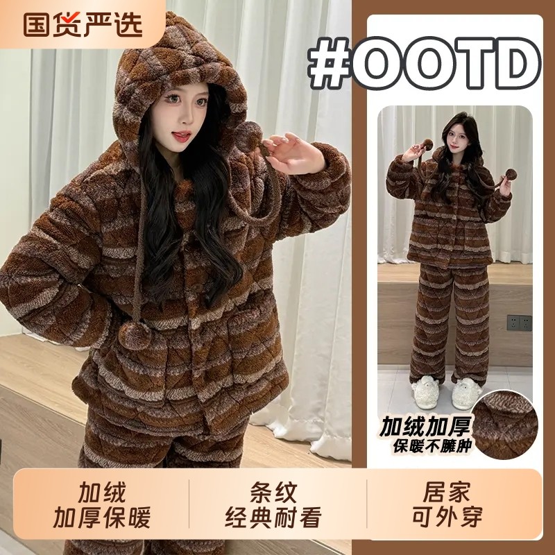 2025爆款三层夹棉睡衣女款秋冬季珊瑚绒棉袄女士可外穿家居服加绒