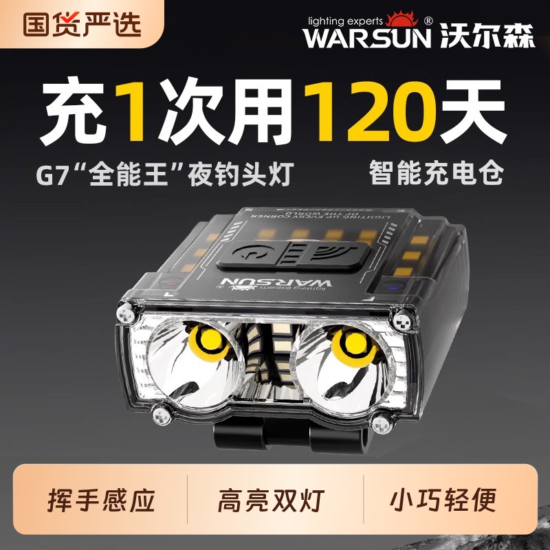 沃尔森头灯夜钓钓鱼专用G7猫头鹰强光超亮充电超长续航感应帽夹灯