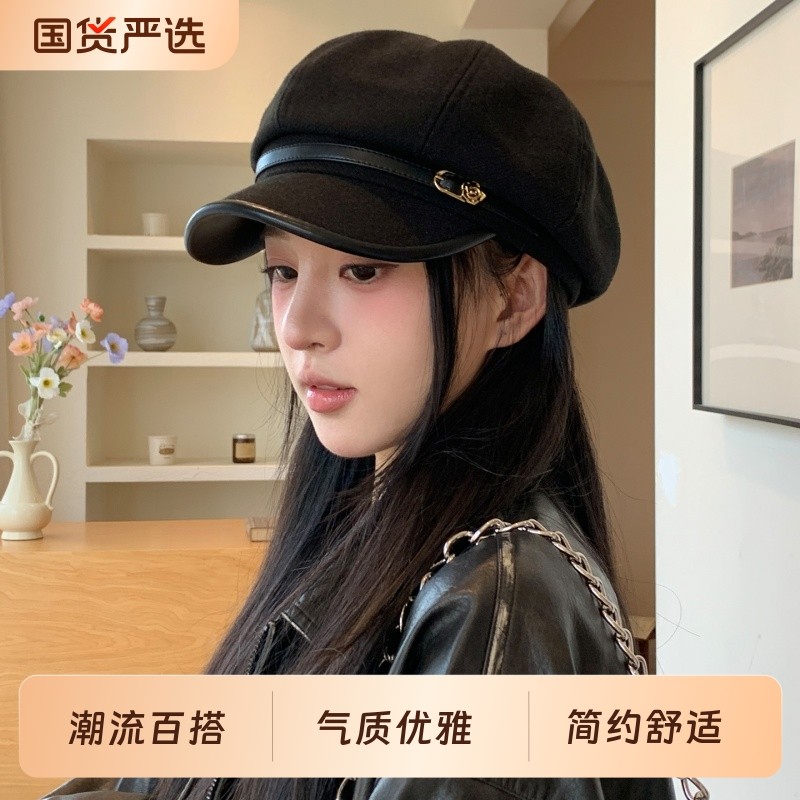 日系复古黑色鸭舌贝雷帽女休闲百搭气质显脸小八角云朵帽子冬季
