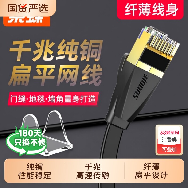 千兆扁平网线六6类家用超薄纯铜高速电脑网络宽带线5/10/20/30米m