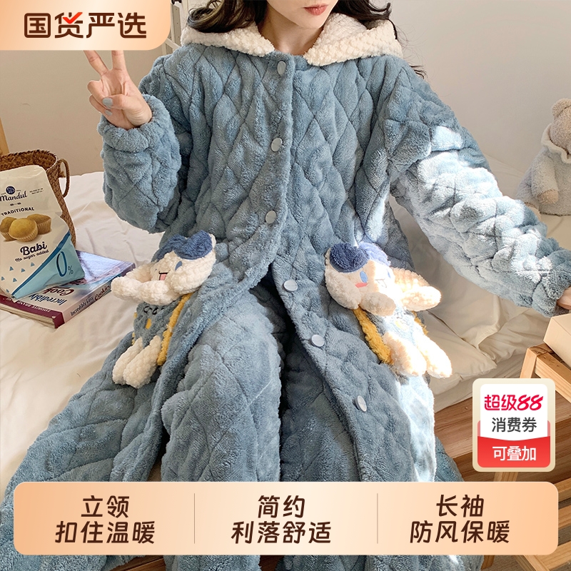 睡袍女冬季加厚加绒三层夹棉长袍