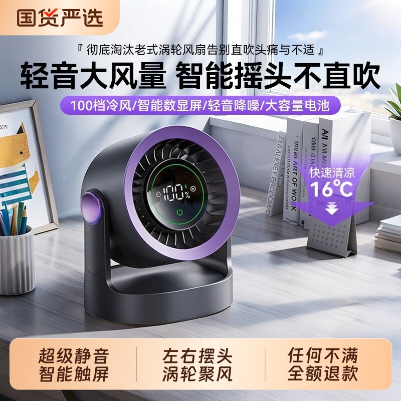 【自动摇头】静音小风扇2026新款桌面电风扇空调扇静小型办公室音桌上usb充电学生宿舍便携迷你制冷超长续航