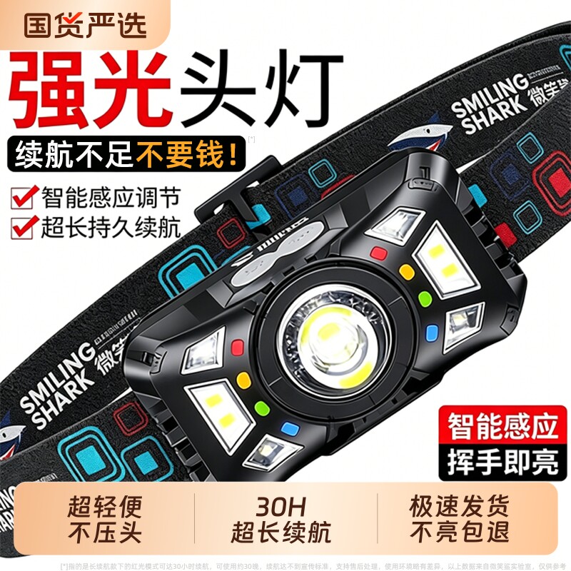 微笑鲨2026新款头灯强光充电超亮钓鱼专用头戴式超长续航夜钓登山