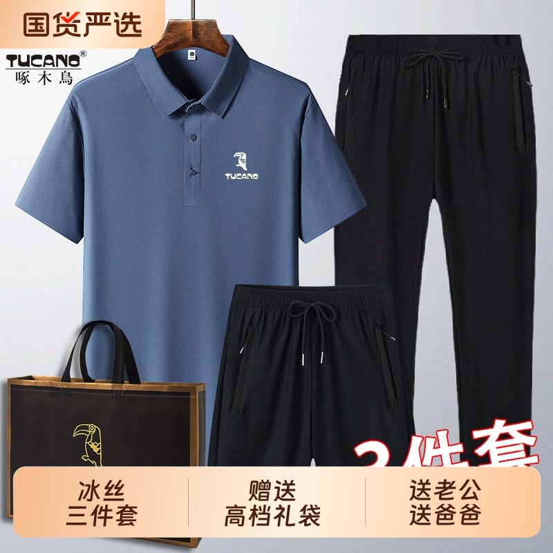 啄木鸟夏季冰丝短袖T恤男士polo衫速干中老年爸爸装运动套装休闲