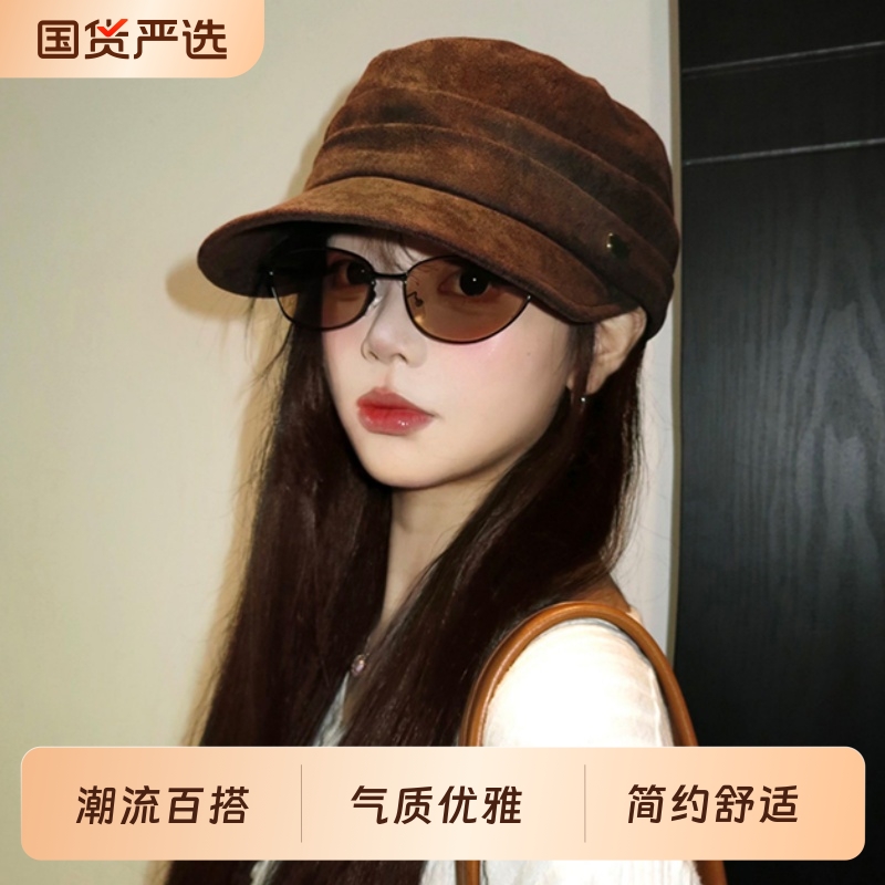 韩系褶皱马术平顶帽女秋冬2025年新款复古做旧报童帽贝雷帽子潮流