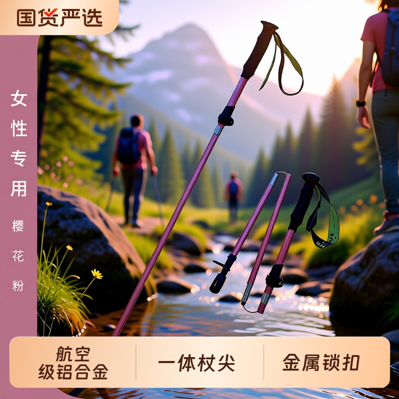 女士超轻登山杖女款折叠手杖铝合金专业户外徒步装备便携碳素伸缩