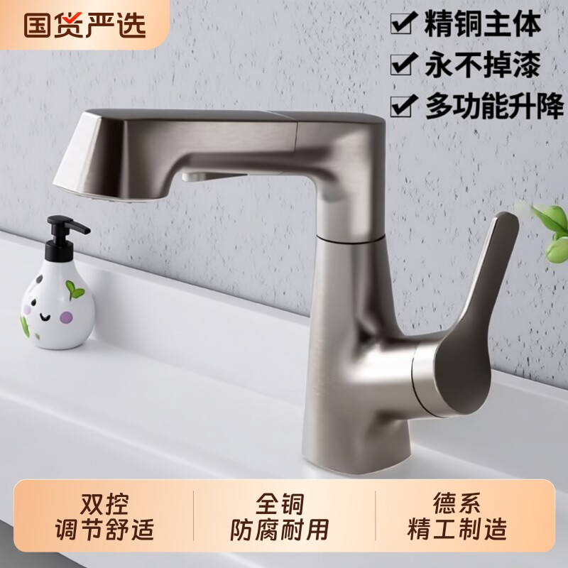 德国升降抽拉式水龙头全铜卫生间洗手盆冷热龙头厨房面盆台盆台面