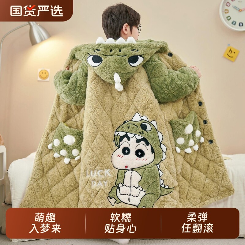 2025新款儿童睡衣男童冬季珊瑚绒加厚三层夹棉睡袍男孩大童家居服