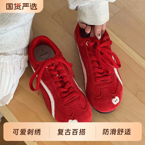 细细条可爱刺绣真皮德训鞋ins