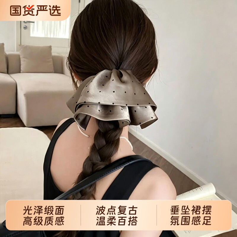 【高品质】韩系缎面波点裙摆马尾抓夹显头圆半扎发低马尾发夹发饰图片