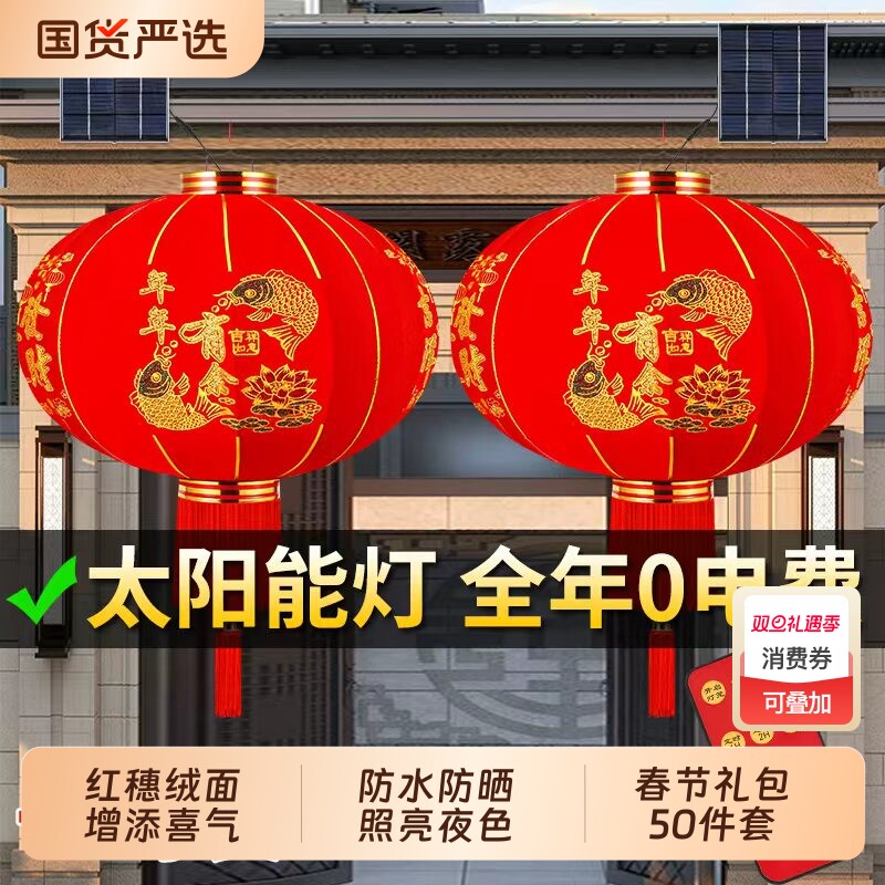 2026新款过年大红植绒灯笼一对春节大门口阳台装挂饰中国风吊宫灯