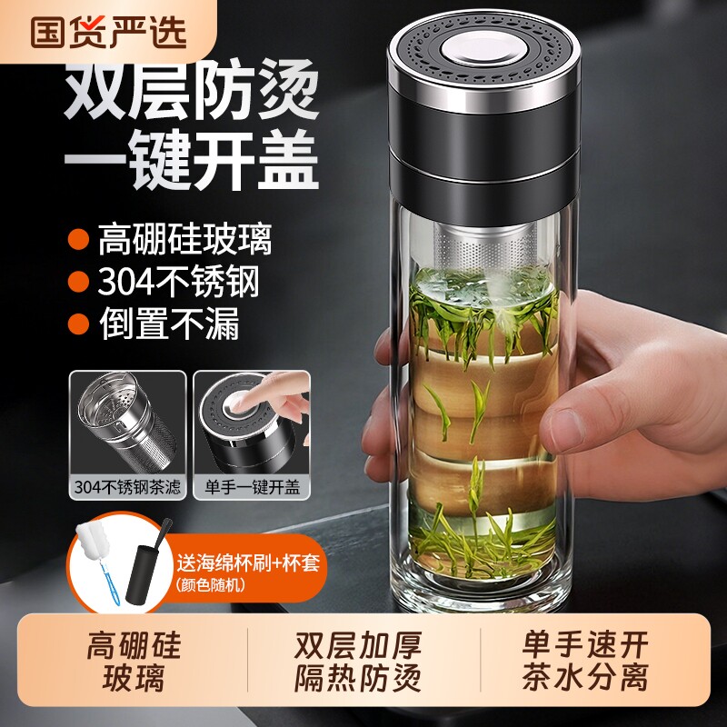 双层加厚玻璃水杯一键开盖车载男图片