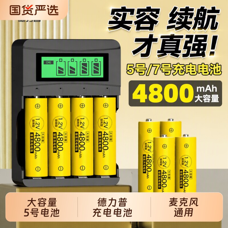 德力普5号充电电池KTV话筒相机玩具4800五号大容量AAA可充电器7号电动无线无汞通用超大电量