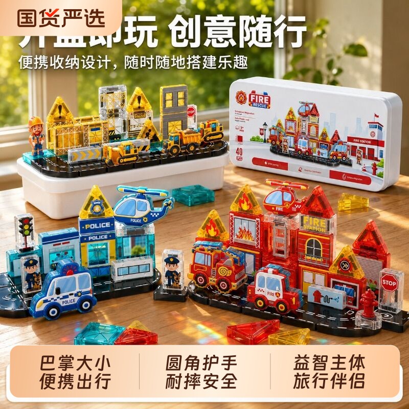 迷你磁力片便携小车消防工程套装儿童男益智积木玩具旅行国货高铁