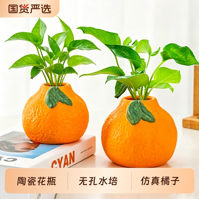 陶瓷仿真橘子花瓶养水绿箩图片