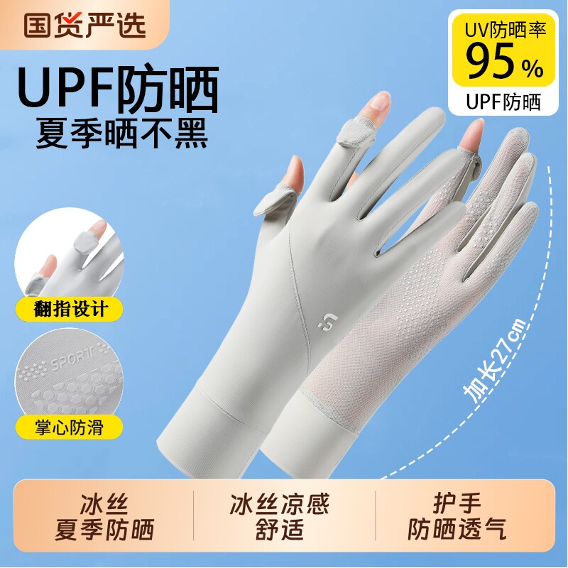 防晒手套女防紫外线夏季薄款冰丝防滑触屏骑行开车运动露二指袖套