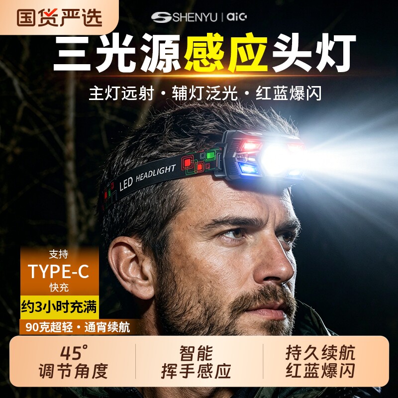超亮头灯强光头戴式充电超亮钓鱼专用超长续航锂电手电筒矿灯夜钓