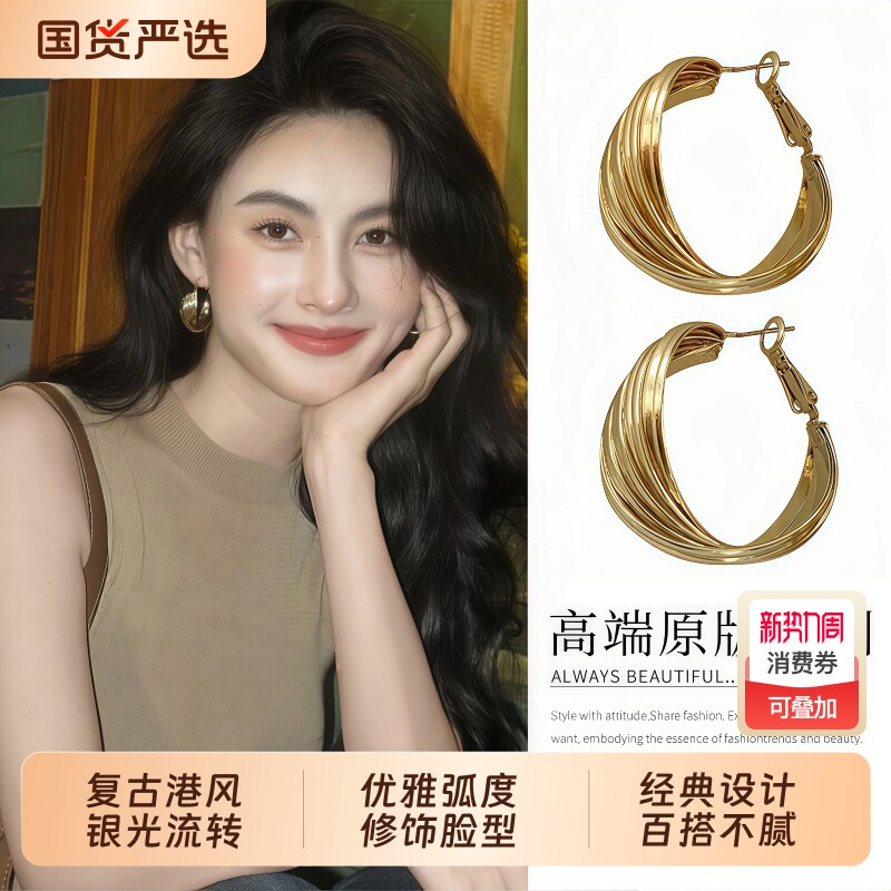 S925纯银针耳环耳圈复古港风2025新款爆款女高级感夸张耳饰金