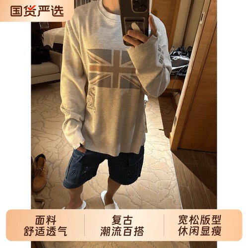 美式街头做旧印花长袖罩衫T恤男