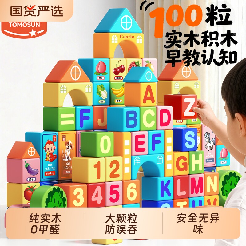 积木益智拼装玩具婴儿童蒙氏智力早教宝宝3到6岁可啃咬实木大颗粒
