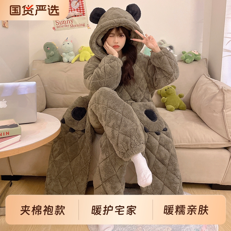 睡袍女秋冬季2025新款珊瑚绒三层夹棉加厚家居服女士大码睡衣套装