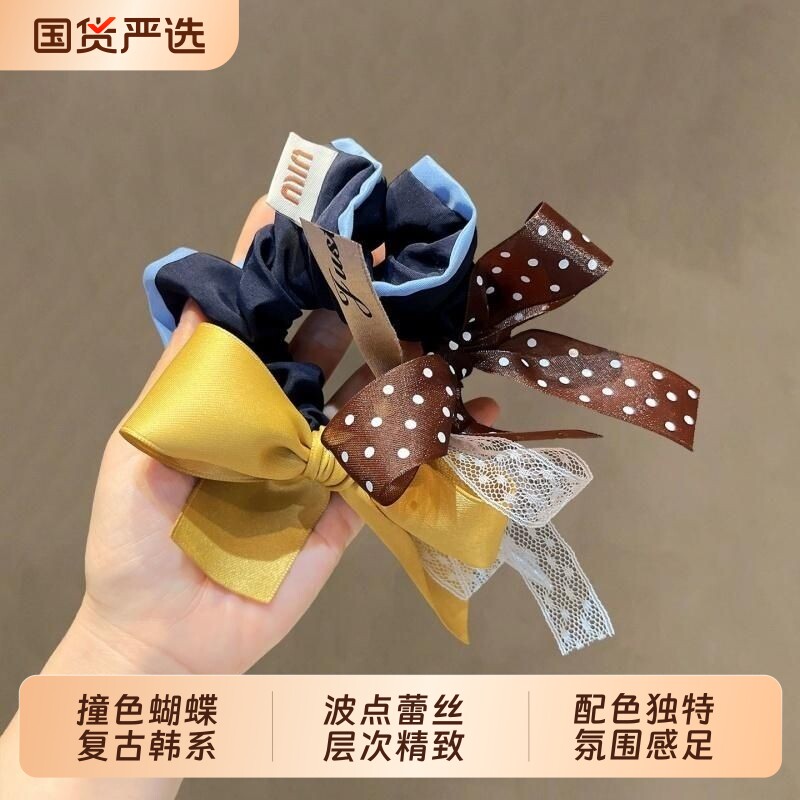 波点飘带蝴蝶结大肠发圈时尚百搭扎发气质头绳马尾皮筋皮套发饰女图片