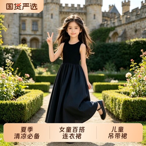 韩版女童黑色无袖吊带连衣裙夏季洋气儿童女孩赫本风休闲公主长裙