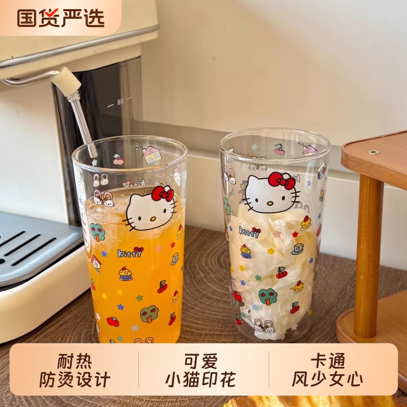 可爱卡通KT高硼硅玻璃耐高温咖啡杯牛奶杯大容量A020便携盖子吸