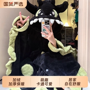 保暖卡通可爱大码 珊瑚绒睡袍女斗篷秋冬款 睡衣家居服外穿 冬季 新款