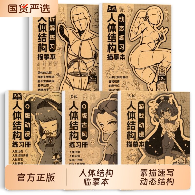 全套5册人体结构描摹本艺叔动漫画入门手绘练习册古风Q版绘画教程控笔训练素描临摹画本零基础初学者套装培养正版游戏