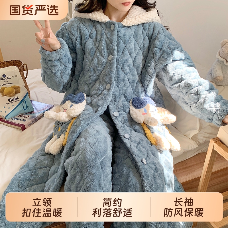 睡袍女冬季加厚加绒三层夹棉长袍
