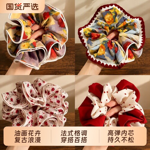 玫瑰花朵大肠发圈红色头花复古印花低马尾发饰氛围感发绳女韩系