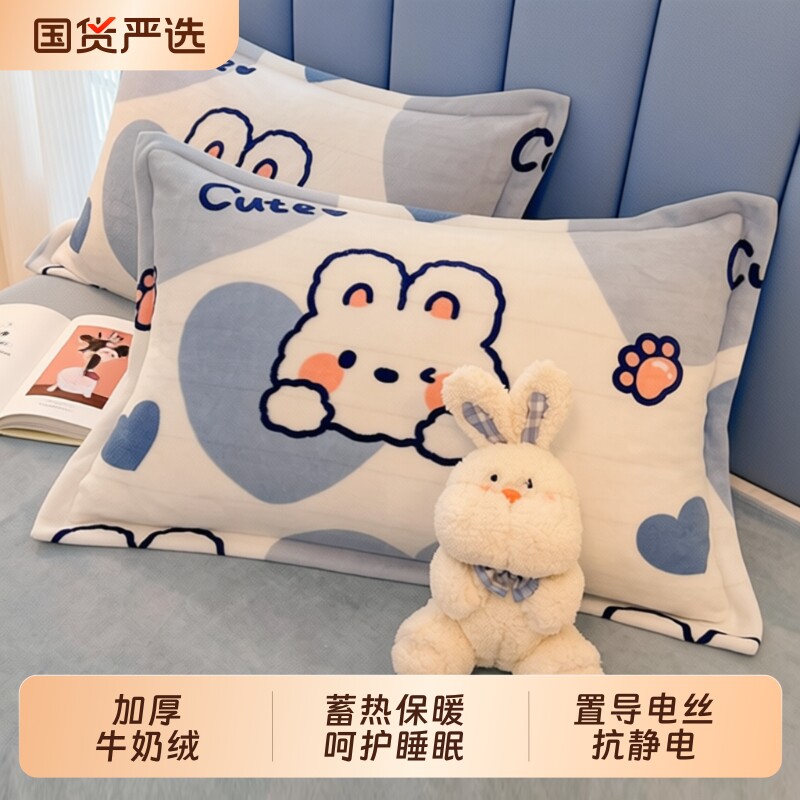 冬季加厚牛奶绒枕套一对装48x74家用卡通珊瑚绒枕头套单人枕芯套