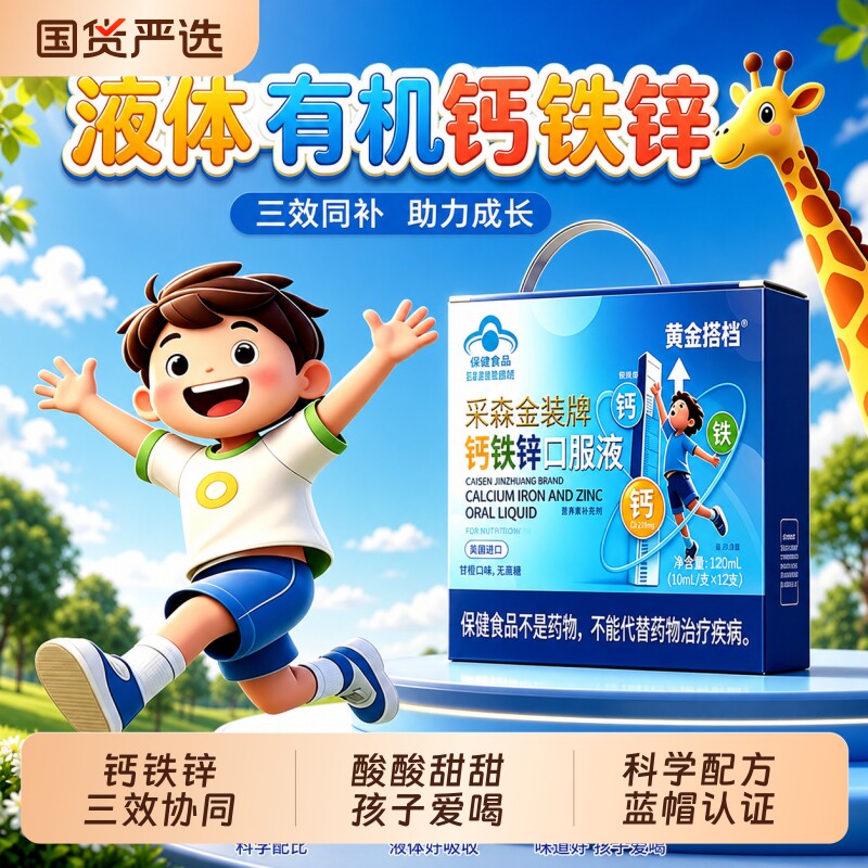 黄金搭档钙铁锌口服液儿童青少年学生液体钙青少年钙铁锌三效同步