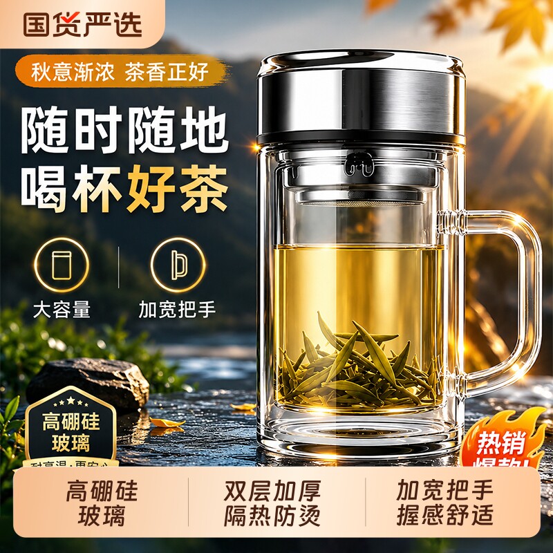 玻璃杯双层泡茶杯男士大容量家用2026办公室杯子带把手高硼硅手柄