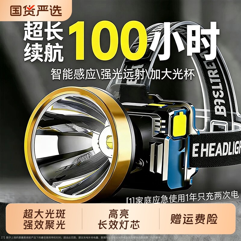 微笑鲨头戴式强光头灯充电长续航照明灯超亮手电筒户外钓鱼新款