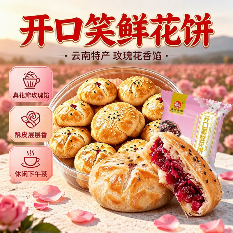 滇食部落现烤鲜花饼云南特产零食糕点健伴手礼玫瑰花试吃礼盒抹茶