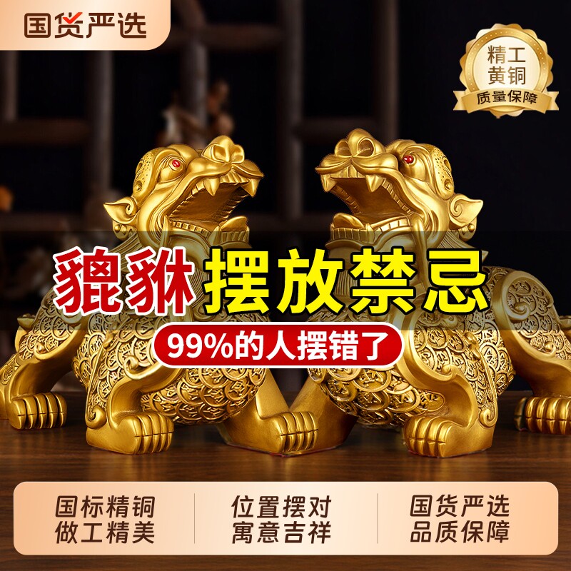 貔貅招财摆件公母一对聚财旺财客厅玄关办公室装饰客厅黄铜工艺品