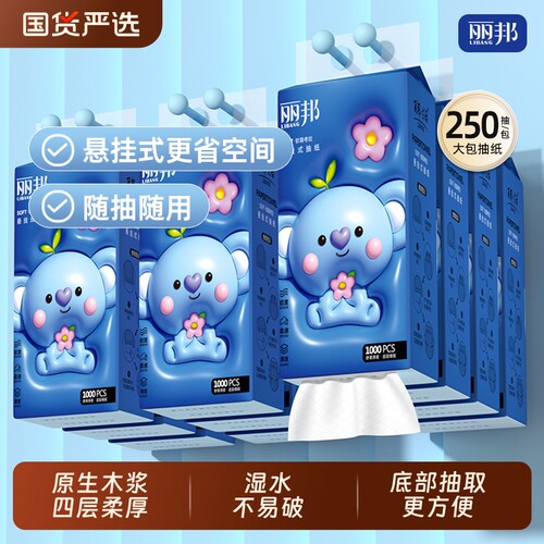 丽邦悬挂式抽纸1000张/提家用实惠装整箱卫生纸餐巾纸擦手纸面巾