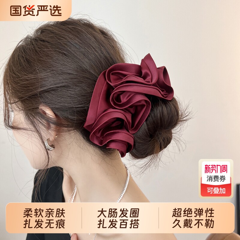 安可拉红色绸缎褶皱大肠发圈女2026新款头花高级感扎马尾发绳头绳