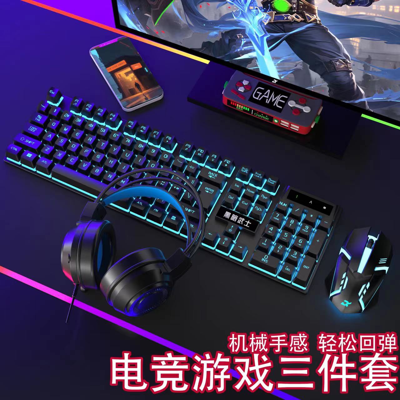 双飞蛇有线键盘鼠标套装背光游戏台式电脑笔记悬浮键帽机械手感US