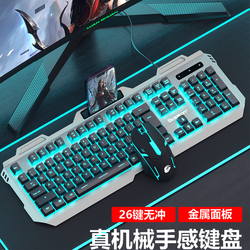 双飞蛇真机械手感有线键盘鼠标套装发光电脑台式USB有字符灯光悬