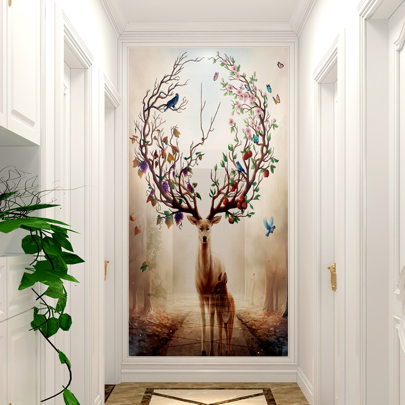 玄关背景墙瓷砖3D现代简约过道走廊瓷砖壁画餐厅墙欧式 森林麋鹿