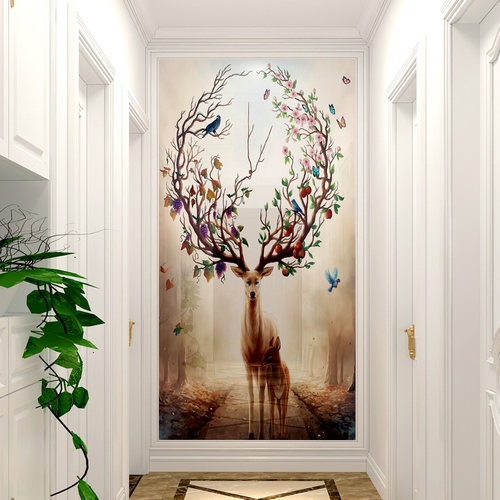 玄关背景墙瓷砖3D现代简约过道走廊瓷砖壁画餐厅墙欧式 森林麋鹿