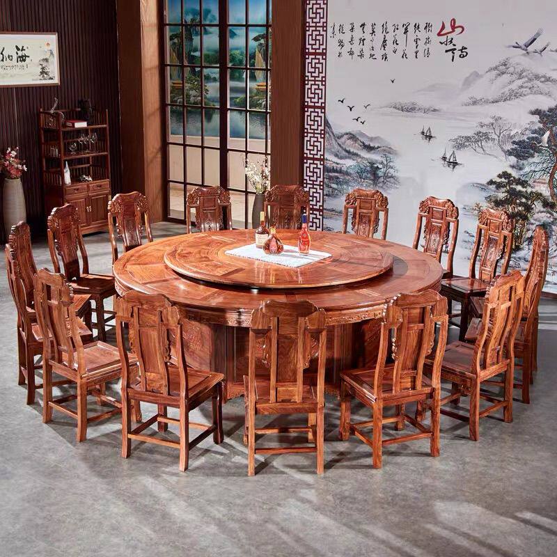 摇控电动大餐台自动转盘花梨木实木家具象头红木聚餐圆桌