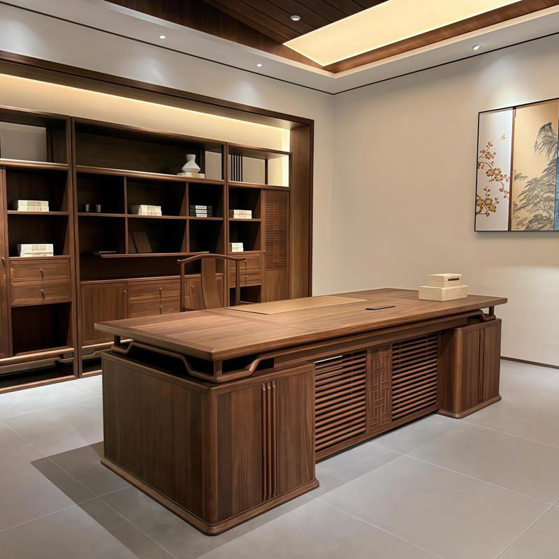 新中式实木大班台办公桌老板桌简约现代高级感黑胡桃木经理总裁桌